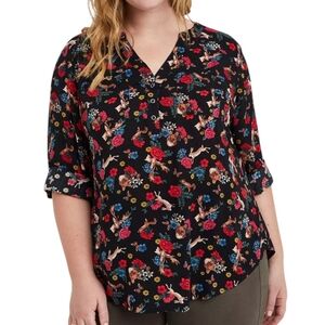 Torrid 2 Harper woodland print bunny fox Floral Black Blouse